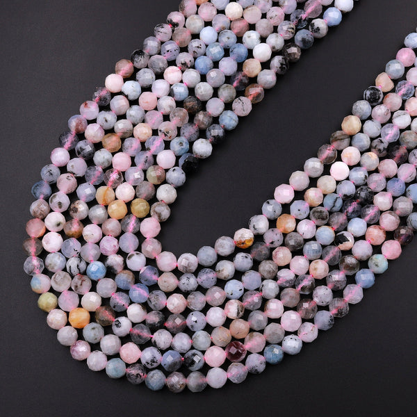 Micro Faceted Pink Morganite Blue Aquamarine Round Beads 4mm 6mm Natural Beryl Black Iron Matrix 15.5" Strand