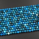 Faceted Natural Blue Apatite Round Beads 4mm 6mm Micro Laser Diamond Cut Teal Gemstone 15.5" Strand