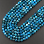 Faceted Natural Blue Apatite Round Beads 4mm 6mm Micro Laser Diamond Cut Teal Gemstone 15.5" Strand