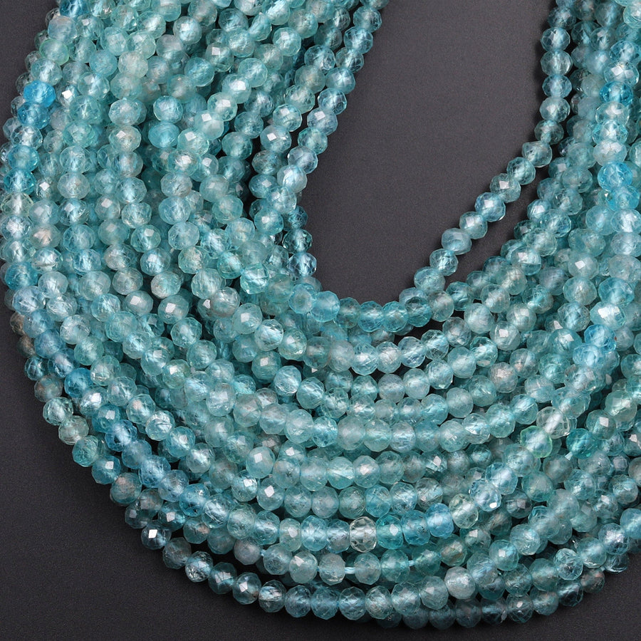 Micro Faceted Natural Teal Green Apatite Rondelle Beads 15.5" Strand