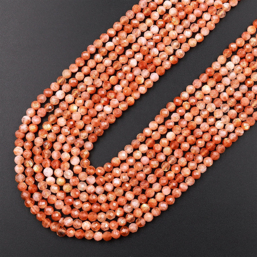 AAA Micro Faceted Natural Sunstone Round Beads 3mm 4mm Sparkling Diamond Cut Gemstone 15.5" Strand