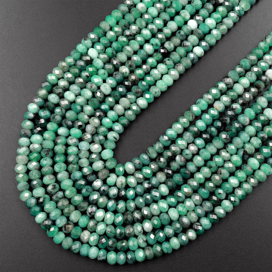 Real Genuine Natural Green Emerald Gemstone Faceted 4mm Rondelle Beads Laser Diamond Cut Gemstone May Birthstone 15.5" Strand