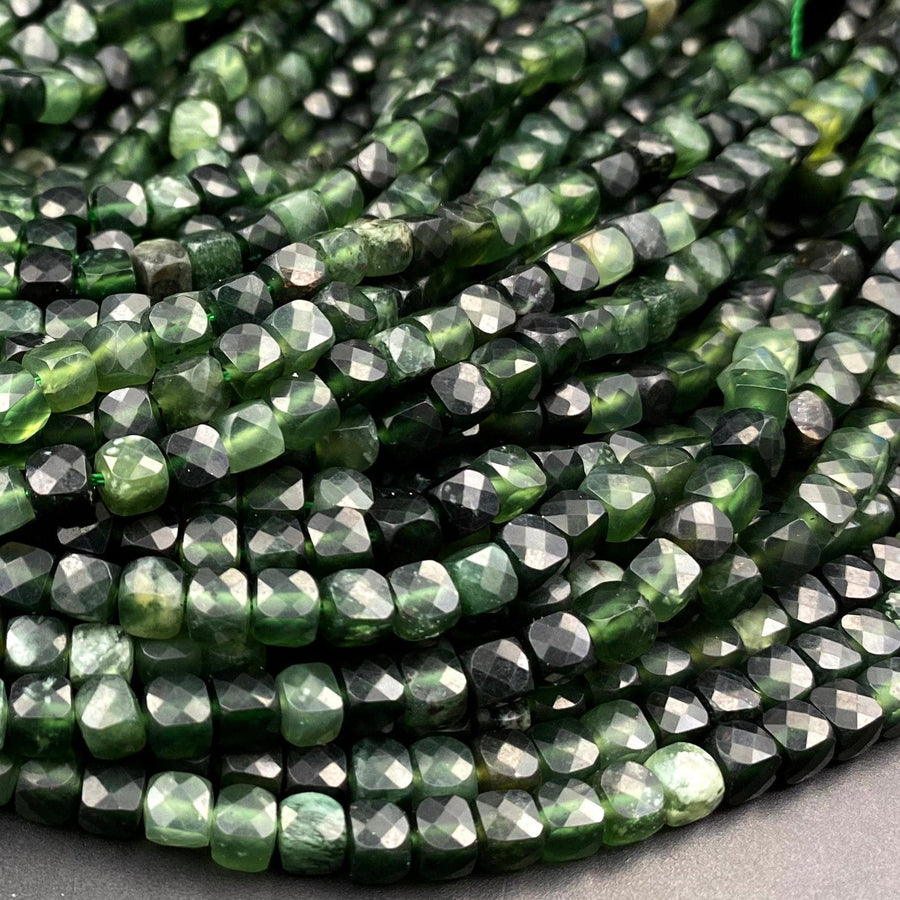 Natural Russian Green Jade Faceted 4mm Cube Square Dice Beads Gemstone 15.5" Strand
