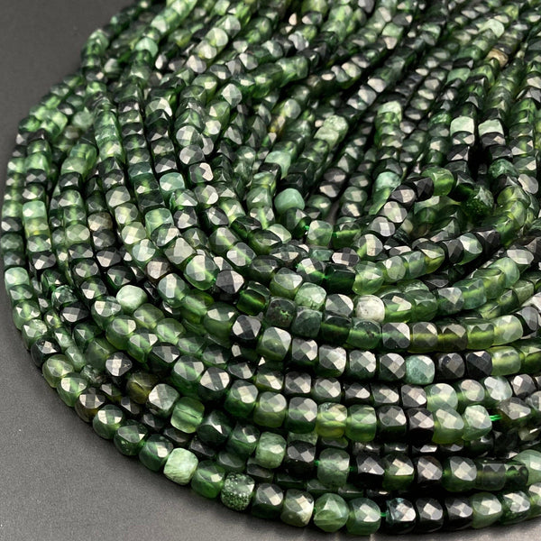 Natural Russian Green Jade Faceted 4mm Cube Square Dice Beads Gemstone 15.5" Strand