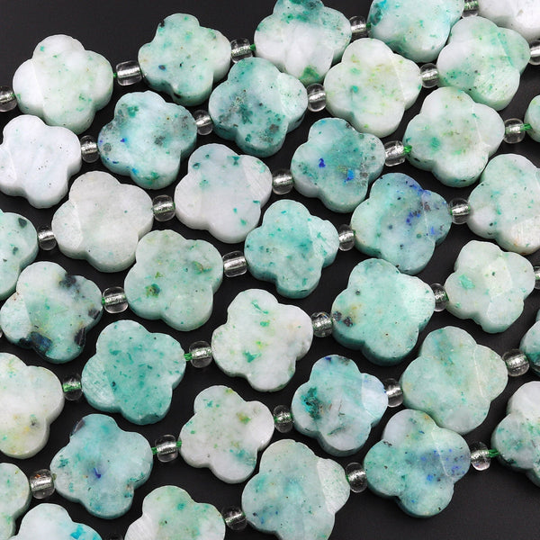Natural Sky Mountain Jade 4 Four Leaf Clover Beads Hand Carved Flower Gemstone 15.5" Strand