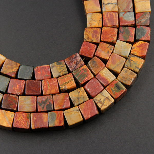 Red Creek Jasper Bead 10mm Cube Square Beads Earthy Red Green Yellow Brown Natural Cherry Creek Multicolor Picasso Jasper 15.5" Strand