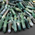Faceted Double Terminated Green Moss Agate Point Beads Top Side Drilled Focal Pendant Bead 15.5" Strand