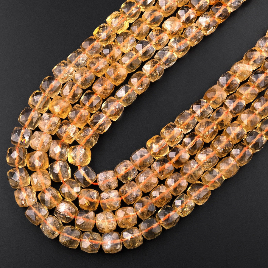 AAA Natural Golden Citrine Faceted 8mm Cube Beads Micro Faceted Laser Diamond Cut 15.5" Strand