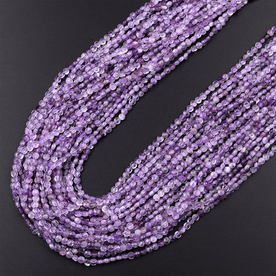 Faceted Natural Light Purple Amethyst Coin Beads 2mm 3mm Flat Disc Dazzling Micro Diamond Cut 15.5" Strand