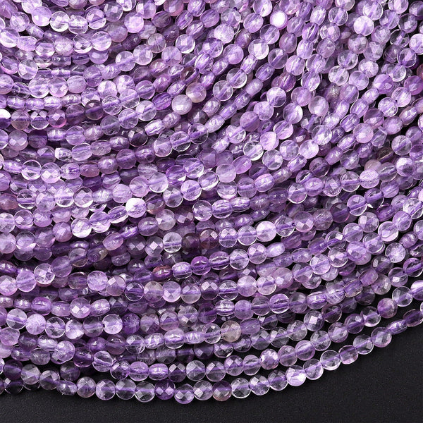Faceted Natural Light Purple Amethyst Coin Beads 2mm 3mm Flat Disc Dazzling Micro Diamond Cut 15.5" Strand