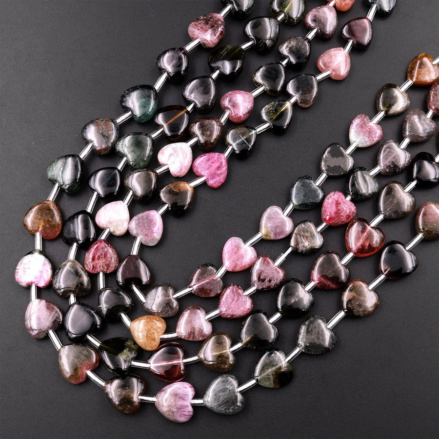 Tourmaline Heart Beads 9mm 10mm Natural Multicolor Watermelon Pink Dark Green Black Gemstone 18" Strand