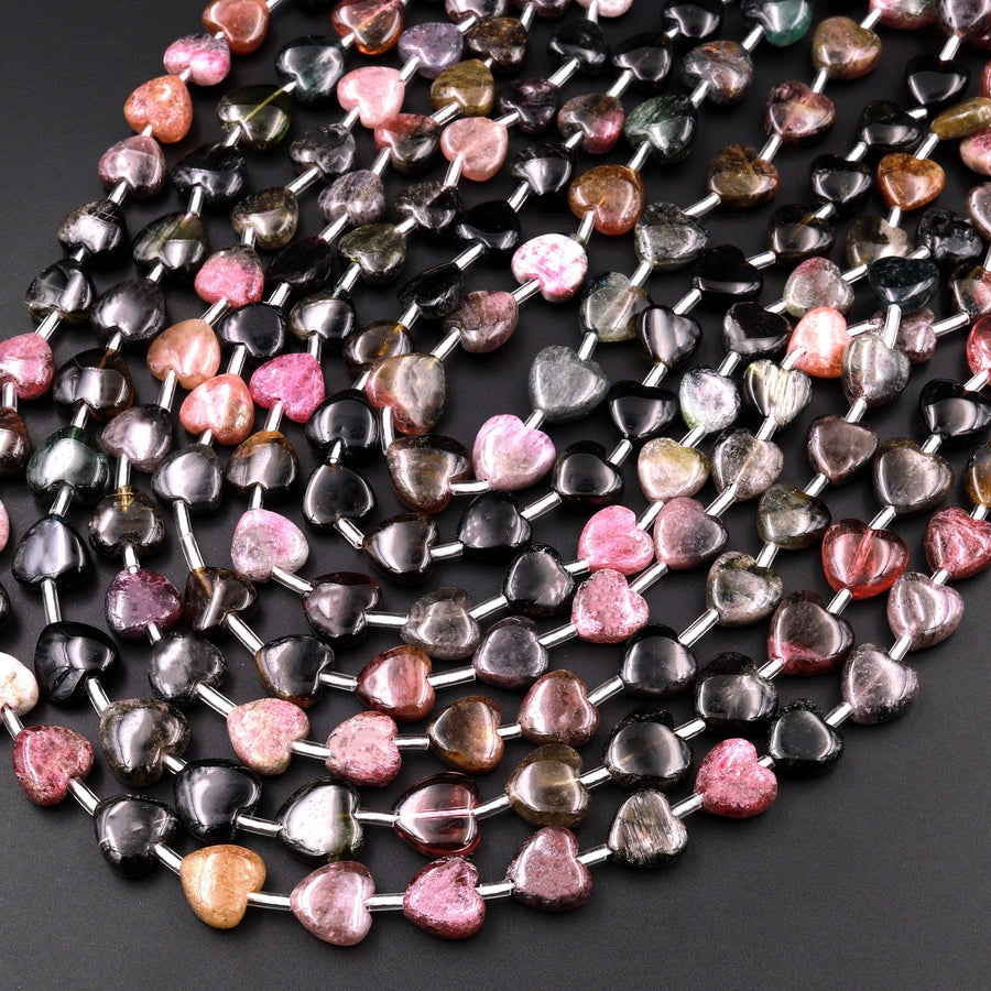 Tourmaline Heart Beads 9mm 10mm Natural Multicolor Watermelon Pink Dark Green Black Gemstone 18" Strand