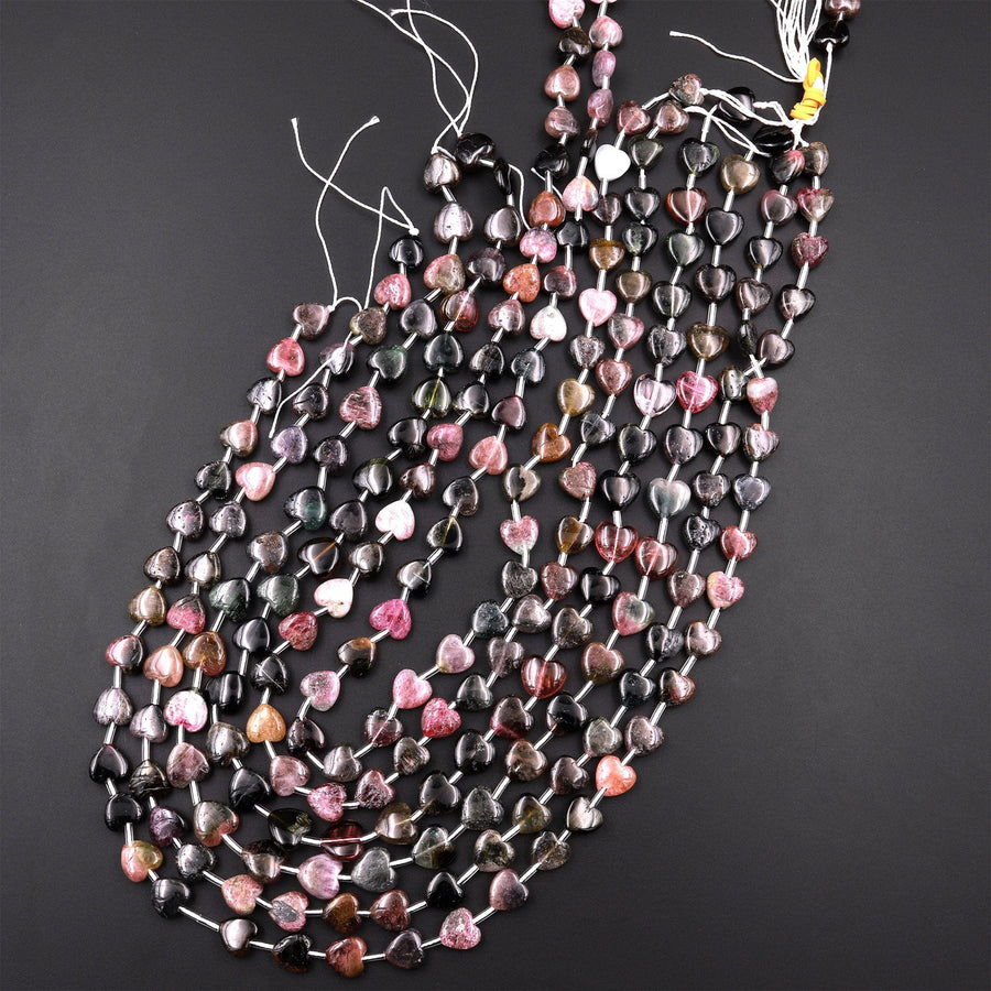 Tourmaline Heart Beads 9mm 10mm Natural Multicolor Watermelon Pink Dark Green Black Gemstone 18" Strand