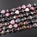 Tourmaline Heart Beads 9mm 10mm Natural Multicolor Watermelon Pink Dark Green Black Gemstone 18" Strand