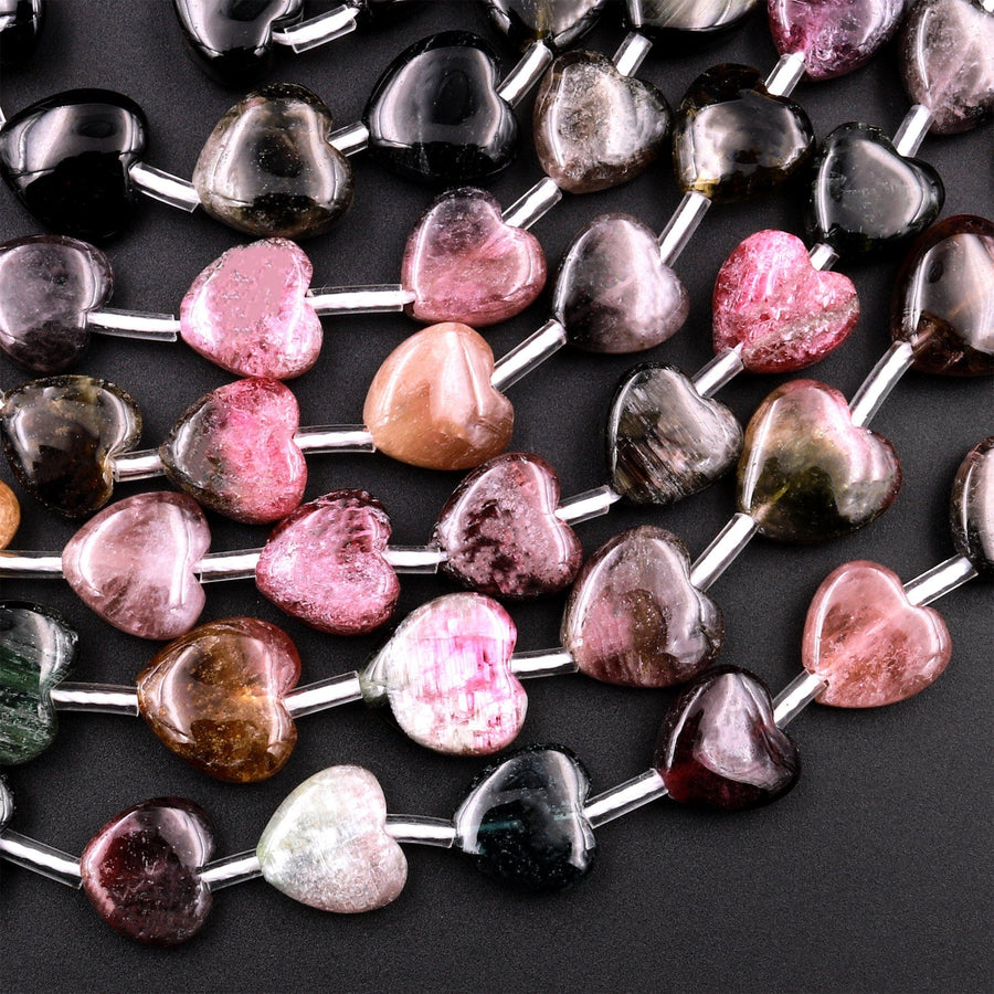 Tourmaline Heart Beads 9mm 10mm Natural Multicolor Watermelon Pink Dark Green Black Gemstone 18" Strand