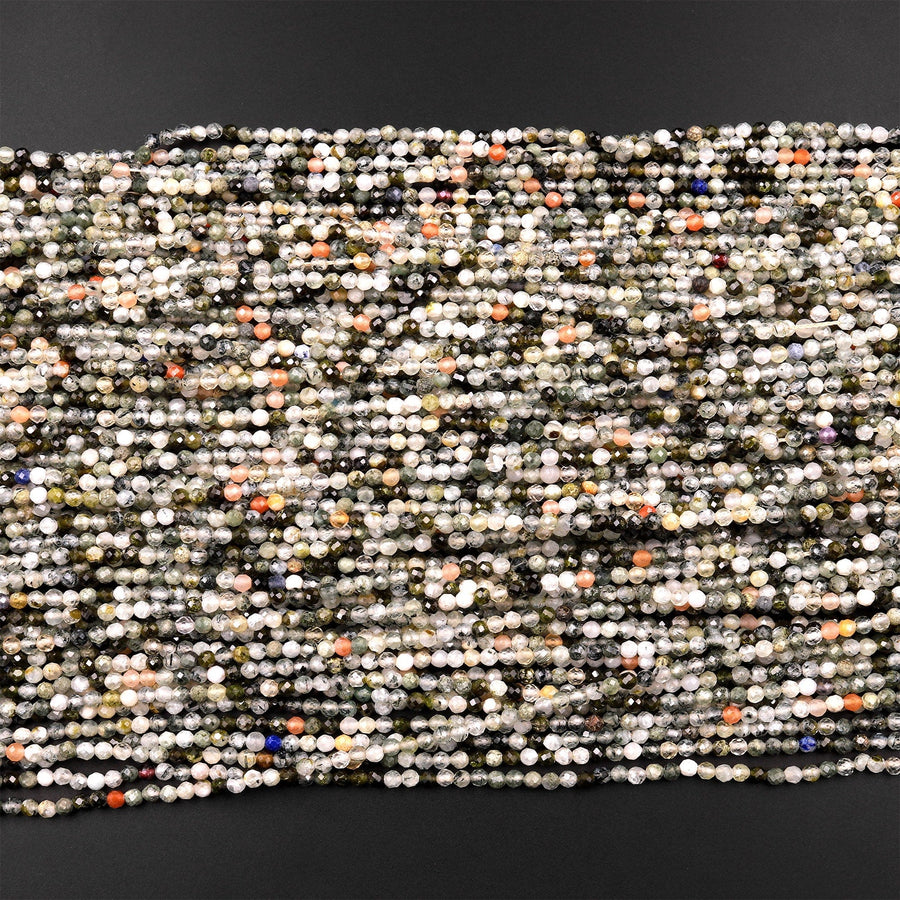 Micro Faceted Multicolor Gemstone Round Beads 2mm 3mm Green Rutile Quartz Labradorite Moonstone Laser Diamond Cut Gemstone 15.5" Strand