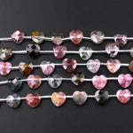Faceted Tourmaline Heart Beads 8mm Top Side Drilled Natural Multicolor Watermelon Pink Green Blue Yellow Gemstone 18" Strand