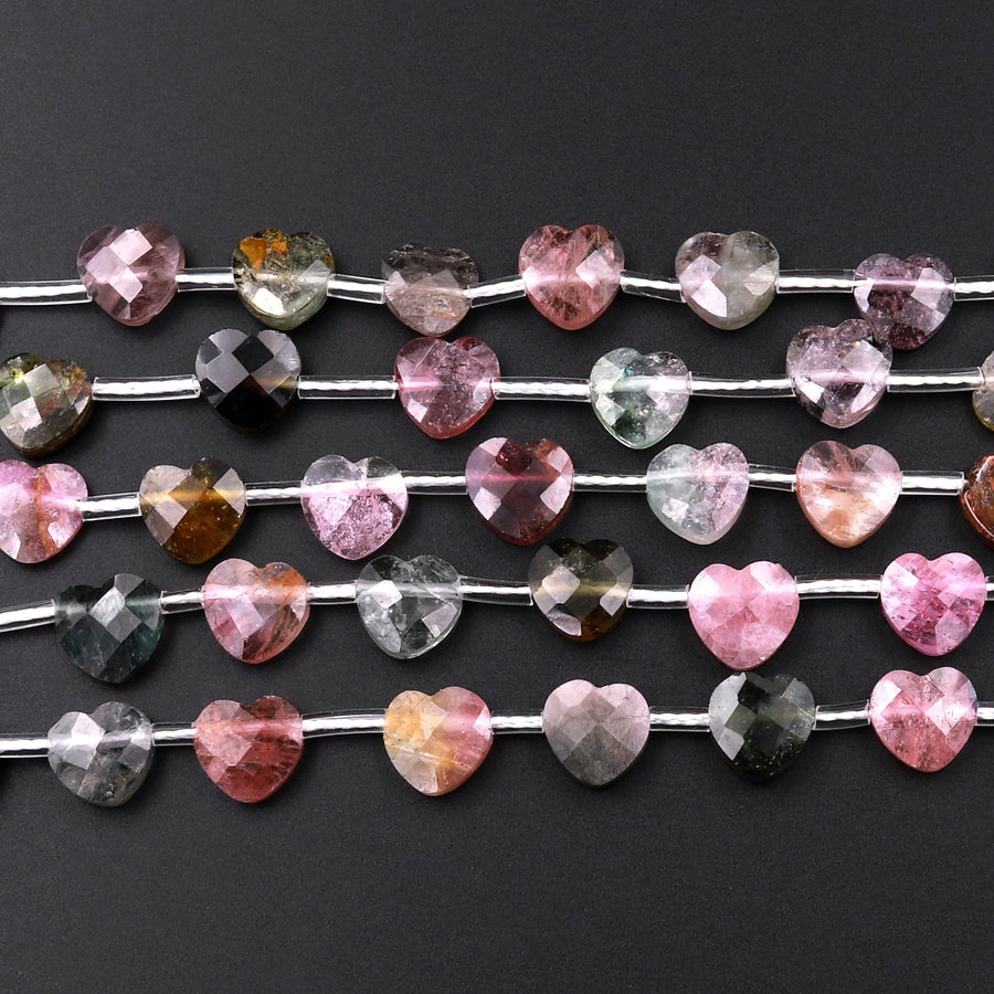 Faceted Tourmaline Heart Beads 8mm Top Side Drilled Natural Multicolor Watermelon Pink Green Blue Yellow Gemstone 18" Strand