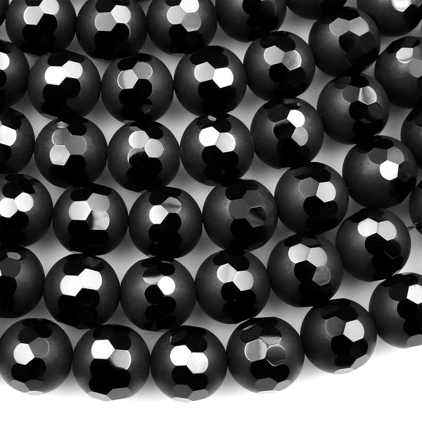 Half Matte Half Faceted Natural Black Onyx 6mm 8mm 10mm Round Beads Sparkling Diamond Cut 15.5" Strand