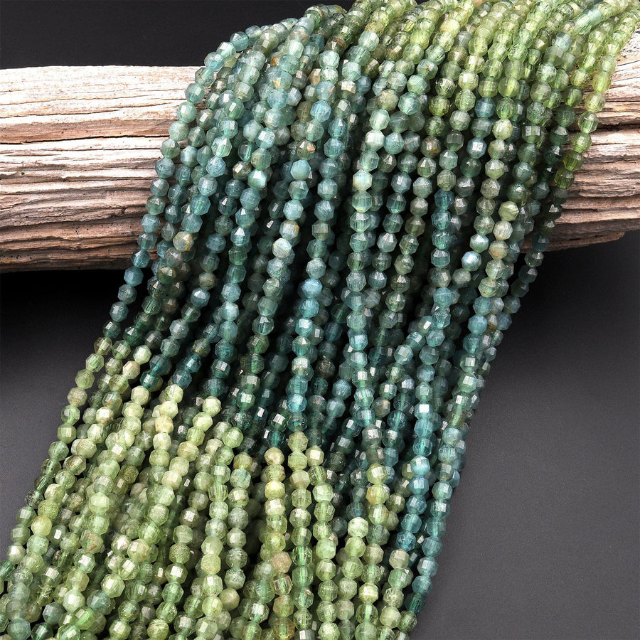 Rare Natural Green Apatite 4mm Beads Faceted Energy Prism Double Terminated Points 15.5" Strand