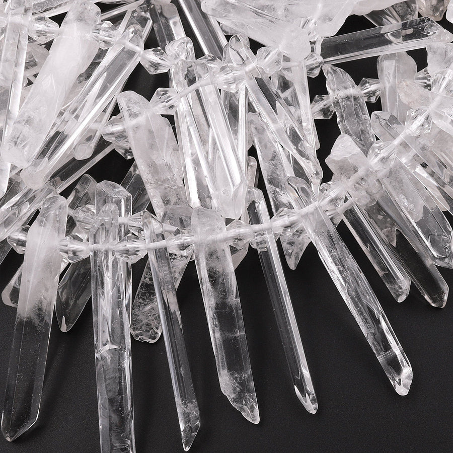 Natural Raw Rock Crystal Quartz Beads Long Slender Points Spikes Top Side Drilled Freeform Clear White Quartz 15.5" Strand