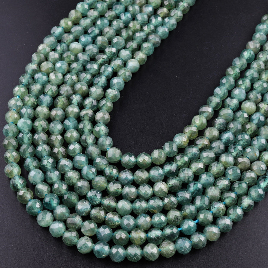 Micro Faceted Teal Green Apatite 5mm Round Beads Translucent Aqua Blue Green Gemstone 15.5" Strand