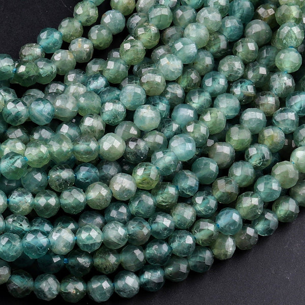 Micro Faceted Teal Green Apatite 5mm Round Beads Translucent Aqua Blue Green Gemstone 15.5" Strand