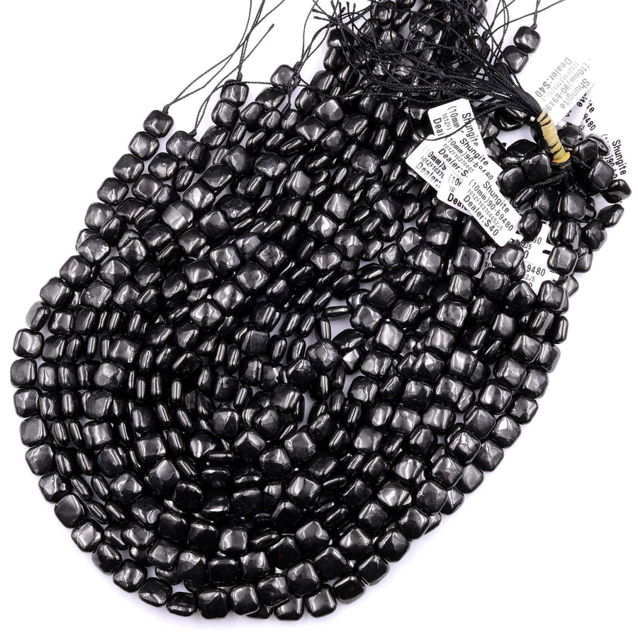 Genuine Natural Shungite 8mm 10mm Square Beads High Quality Black Lustrous Gemstone from Russia 15.5" Strand