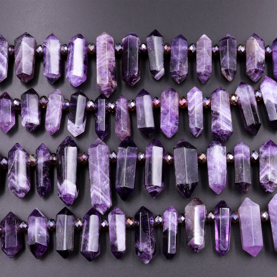 Natural Purple Amethyst Faceted Double Terminated Pointed Beads Top Side Drilled Healing Amethyst Crystal Focal Pendant 15.5" Strand