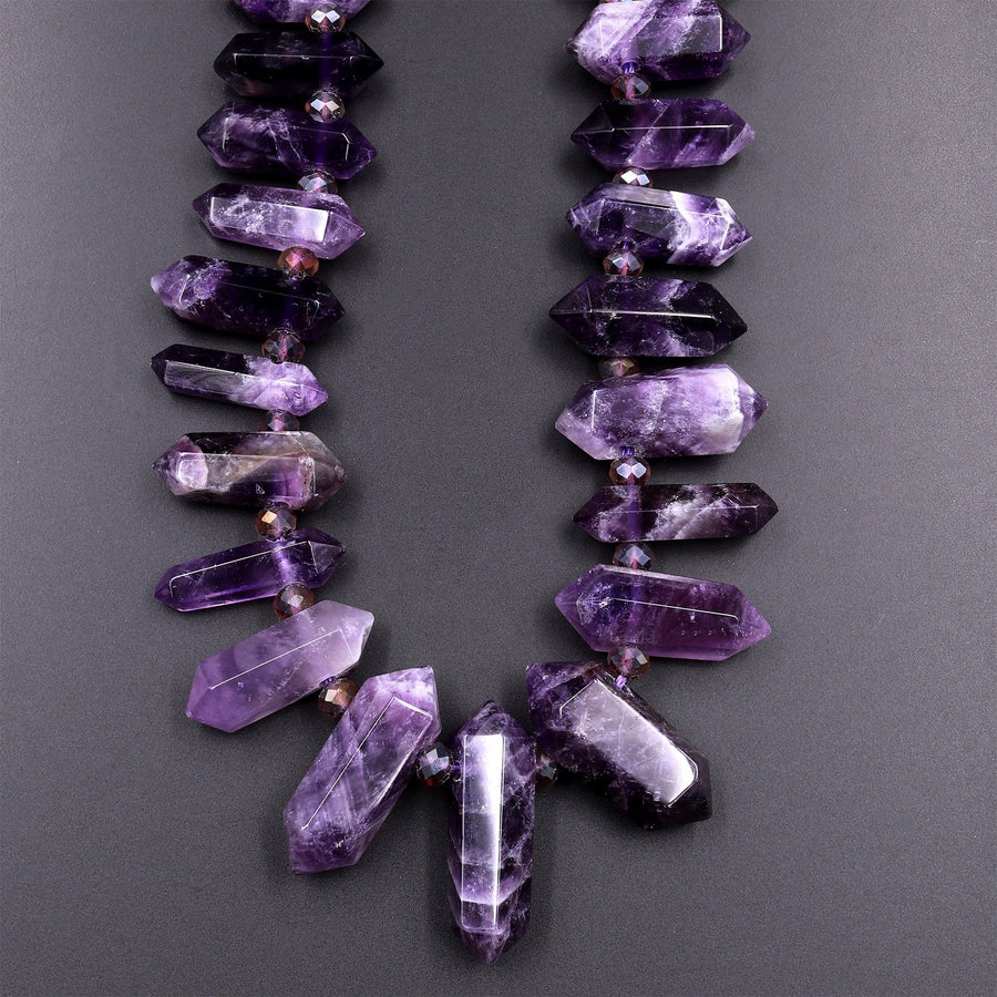 Natural Purple Amethyst Faceted Double Terminated Pointed Beads Top Side Drilled Healing Amethyst Crystal Focal Pendant 15.5" Strand