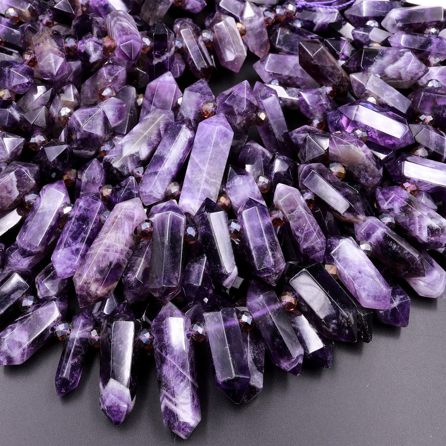 Natural Purple Amethyst Faceted Double Terminated Pointed Beads Top Side Drilled Healing Amethyst Crystal Focal Pendant 15.5" Strand