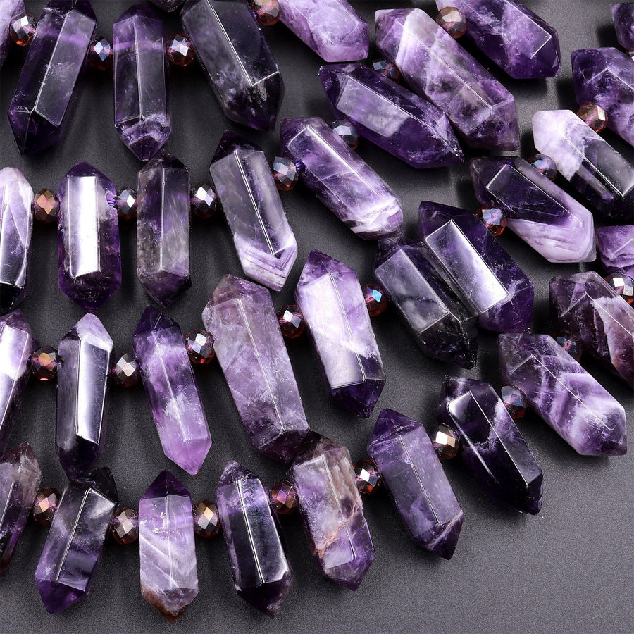 Natural Purple Amethyst Faceted Double Terminated Pointed Beads Top Side Drilled Healing Amethyst Crystal Focal Pendant 15.5" Strand