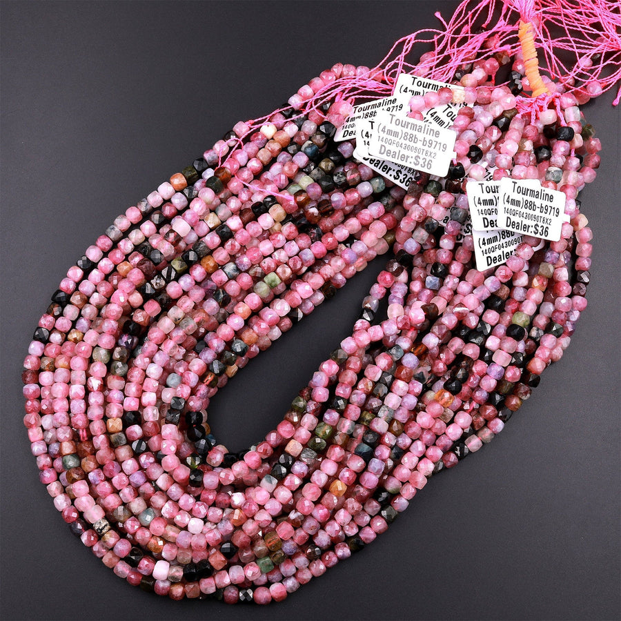 Natural Pink Tourmaline Faceted 4mm Cube Square Dice Beads Gemstone 15.5" Strand
