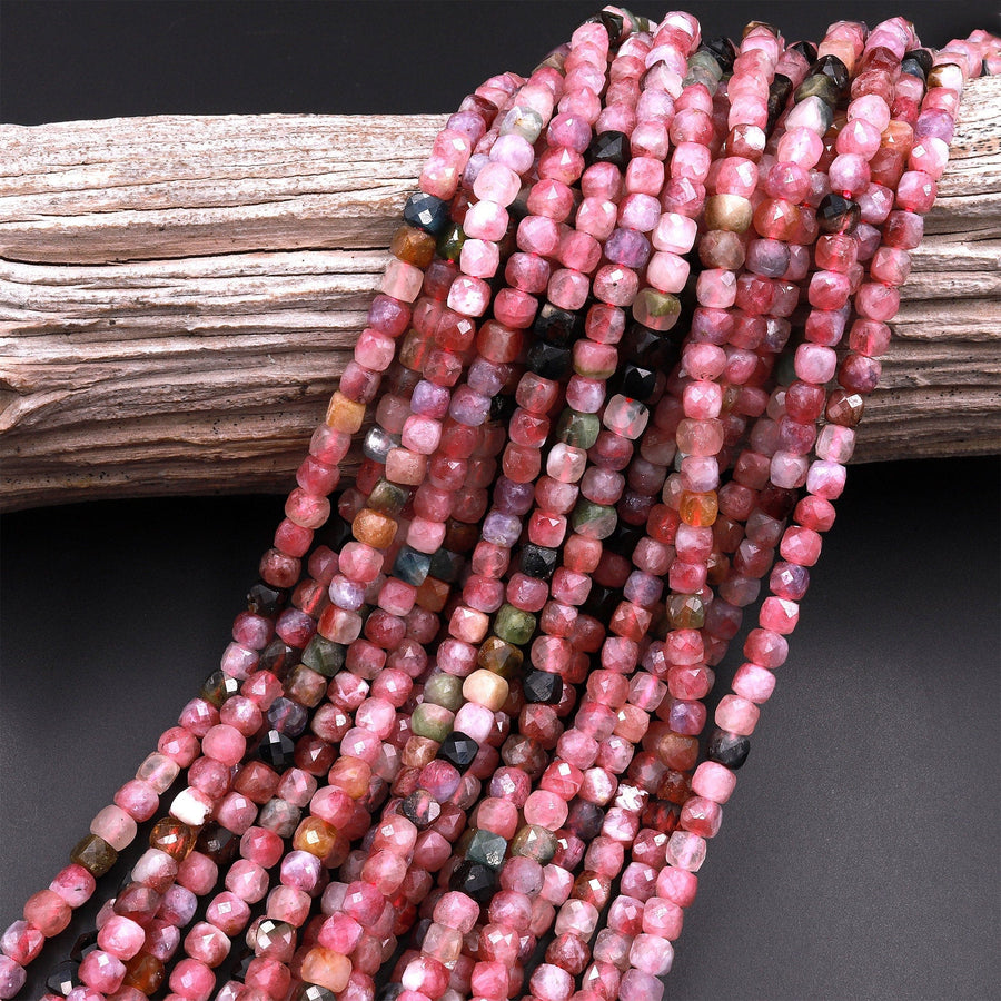 Natural Pink Tourmaline Faceted 4mm Cube Square Dice Beads Gemstone 15.5" Strand