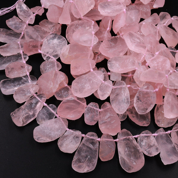 Rough Raw Natural Pink Rose Quartz Beads Freeform Teardrop Hammered Nuggets Organic Cut 15.5" Strand