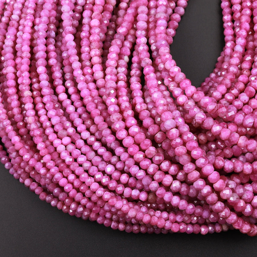 Genuine Natural Burma Pink Sapphire Faceted Rondelle 3mm 4mm Beads Sparkling Real Genuine Pink Gemstone 16" Strand