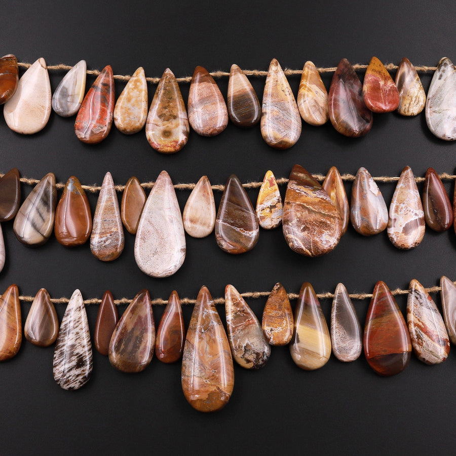 Natural Petrified Wood Teardrop Beads Top Side Drilled Pendant Focal Earthy Brown Tan Beige Taupe 15.5" Strand