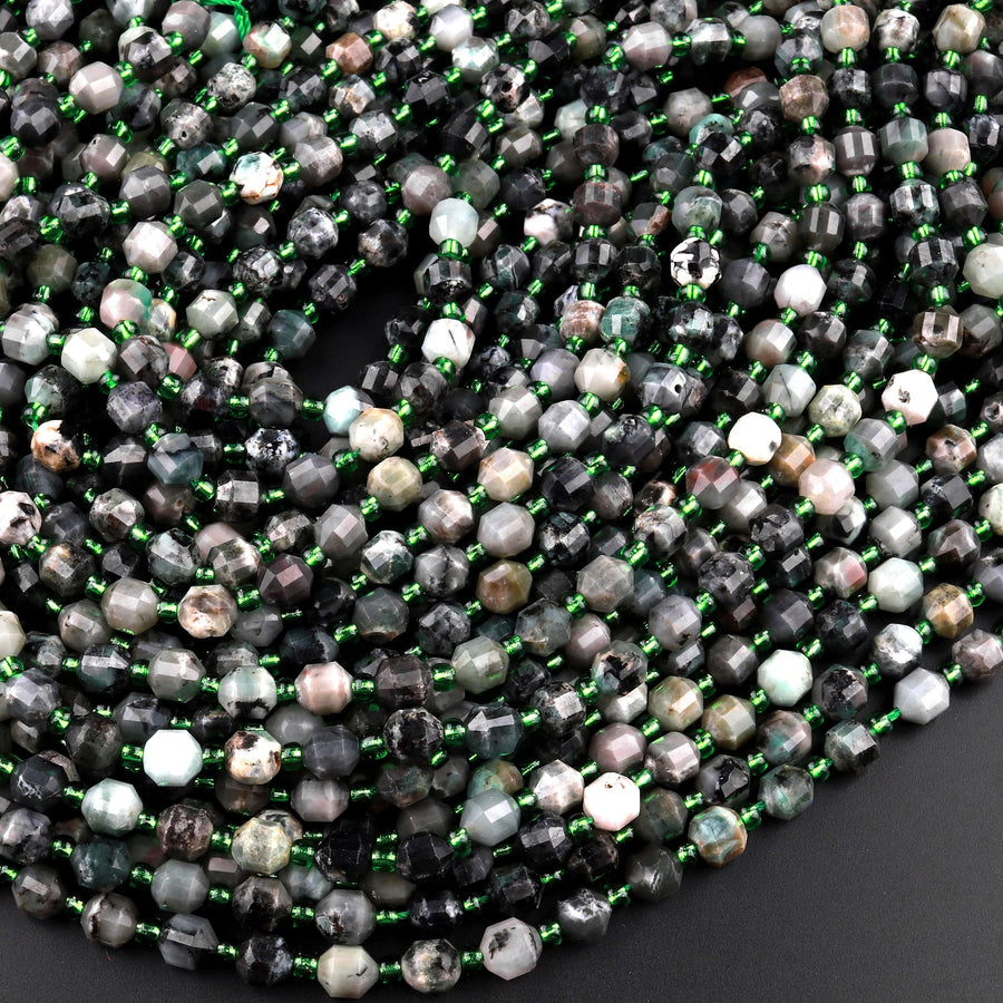 Real Genuine Natural Green Emerald Rounded 6mm Beads Faceted Energy Prism Double Terminated Point Cut 15.5" Strand