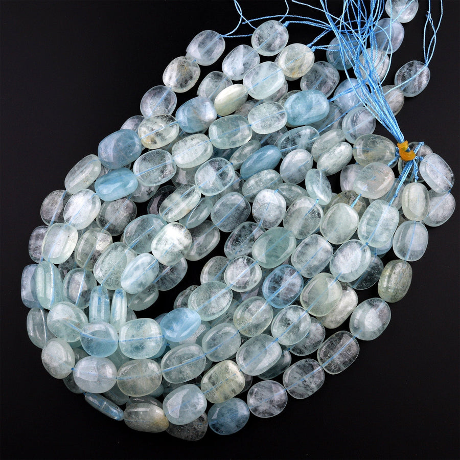 AAA Natural Blue Aquamarine Beads Smooth Rounded Rectangle Oval Nuggets High Quality Gemstone 15.5" Strand