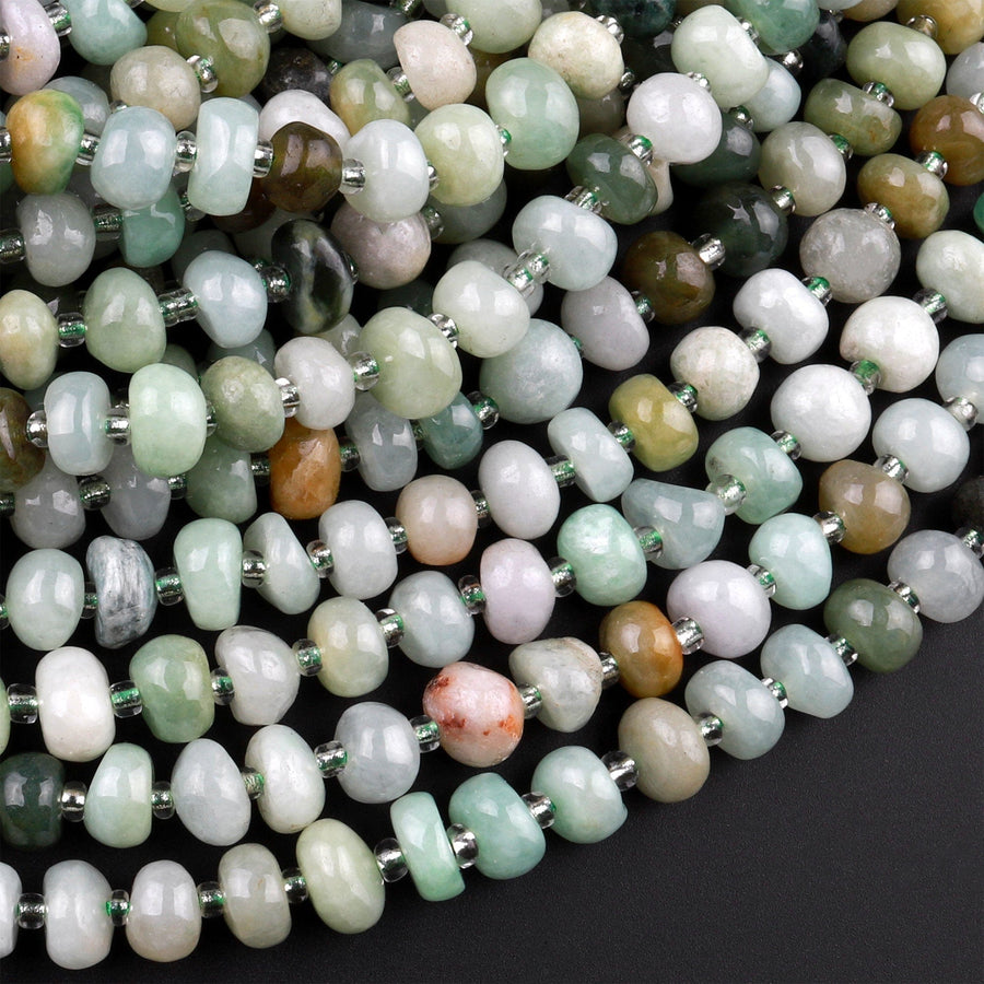 Natural Green Burma Burmese Jade Freeform 6mm Rounded Rondelle Beads 15.5" Strand