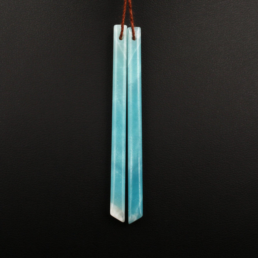 Super Long Linear Spike Earring Pair Matched Gemstone Natural Sea Blue Green Amazonite Beads With Beveled Edge