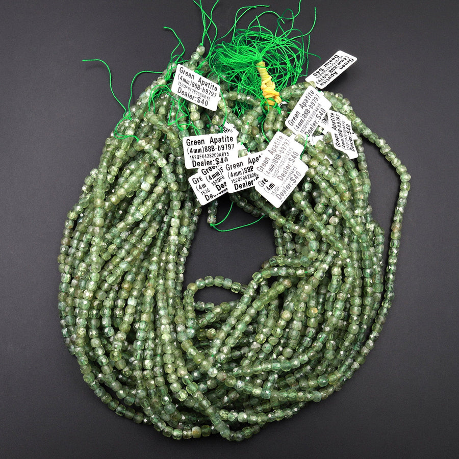 Rare Natural Green Apatite  Micro Faceted 4mm Cube Dice Square Beads 15.5" Strand