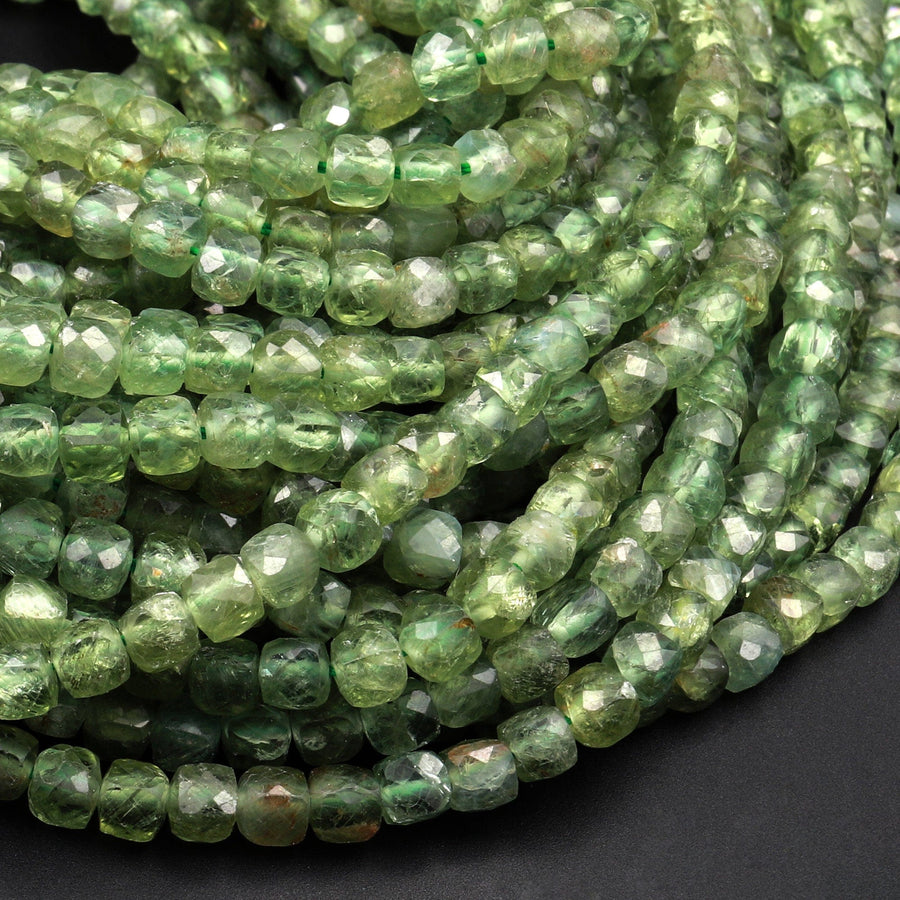 Rare Natural Green Apatite  Micro Faceted 4mm Cube Dice Square Beads 15.5" Strand
