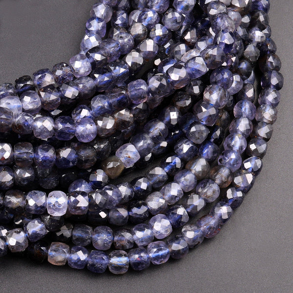 Natural Iolite Faceted 4mm 5mm Cube Dice Square Beads Micro Laser Diamond Cut Gemstone 15.5" Strand