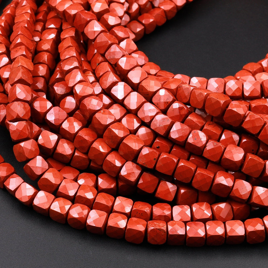 AAA Natural Red Jasper Faceted 4mm 6mm Cube Dice Square Beads Micro Laser Diamond Cut Gemstone 15.5" Strand