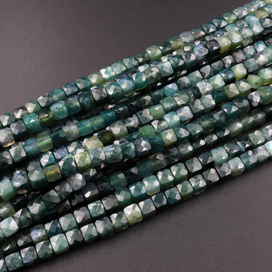 AAA Natural Green Moss Agate Faceted 4mm 6mm Cube Dice Square Beads Micro Laser Diamond Cut Gemstone 15.5" Strand