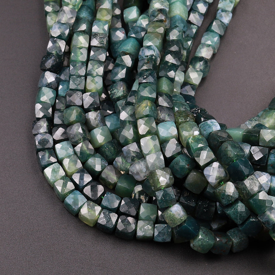 AAA Natural Green Moss Agate Faceted 4mm 6mm Cube Dice Square Beads Micro Laser Diamond Cut Gemstone 15.5" Strand