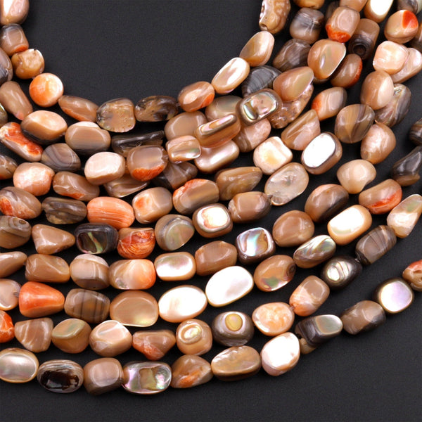 Natural Orange Abalone Pebble Oval Nugget Beads Iridescent Rainbow Glow 15.5" Strand