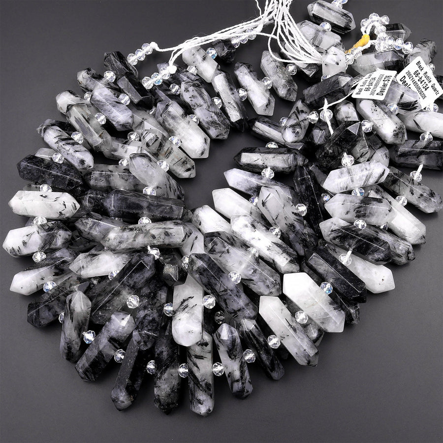 Natural Black Tourmaline Rutilated Quartz Beads Faceted Double Terminated Points Healing Natural Crystal Focal Pendant 15.5" Strand