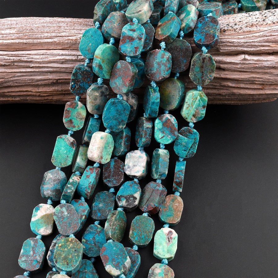 Natural Chrysocolla Beads Cornered Oval Rectangle Flat Slice Rare Energy Stone 15.5" Strand